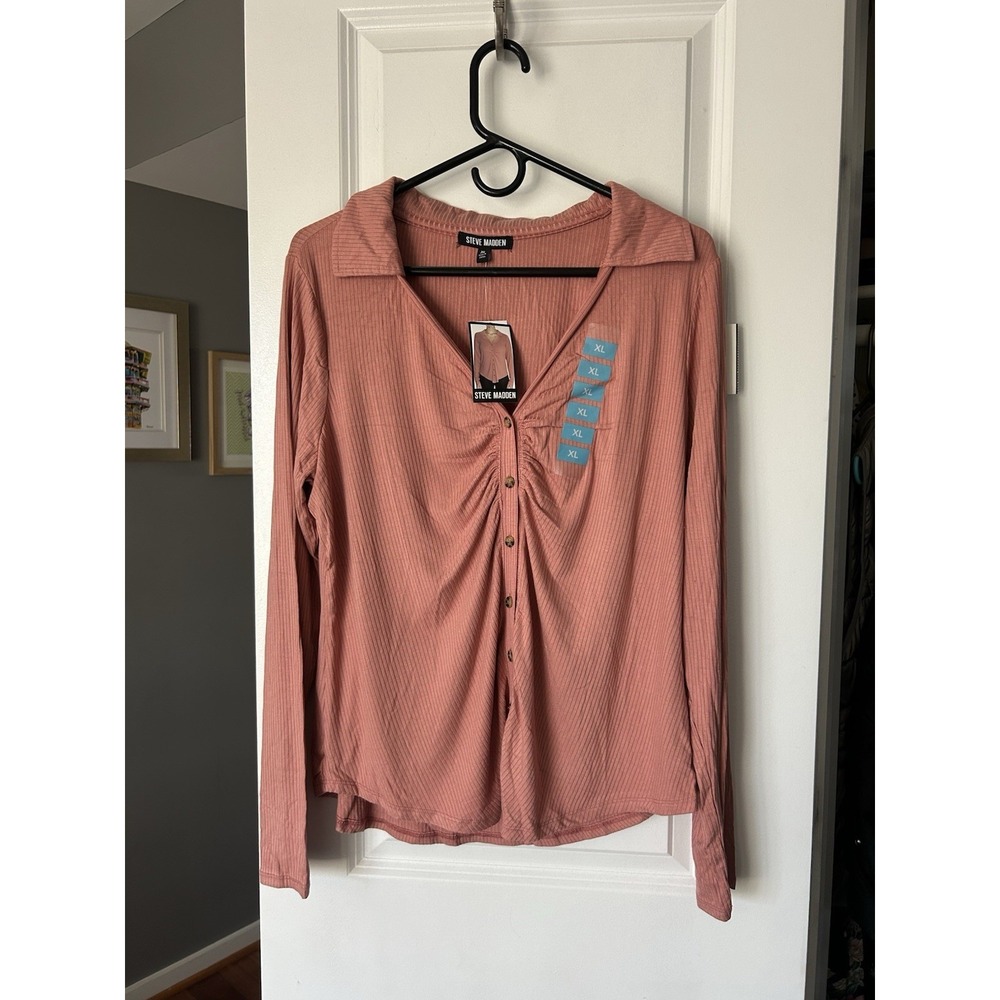 Steve Madden NWT Pink Womens Long Sleeve Ribbed Shirred Button Up Shirt Size XL